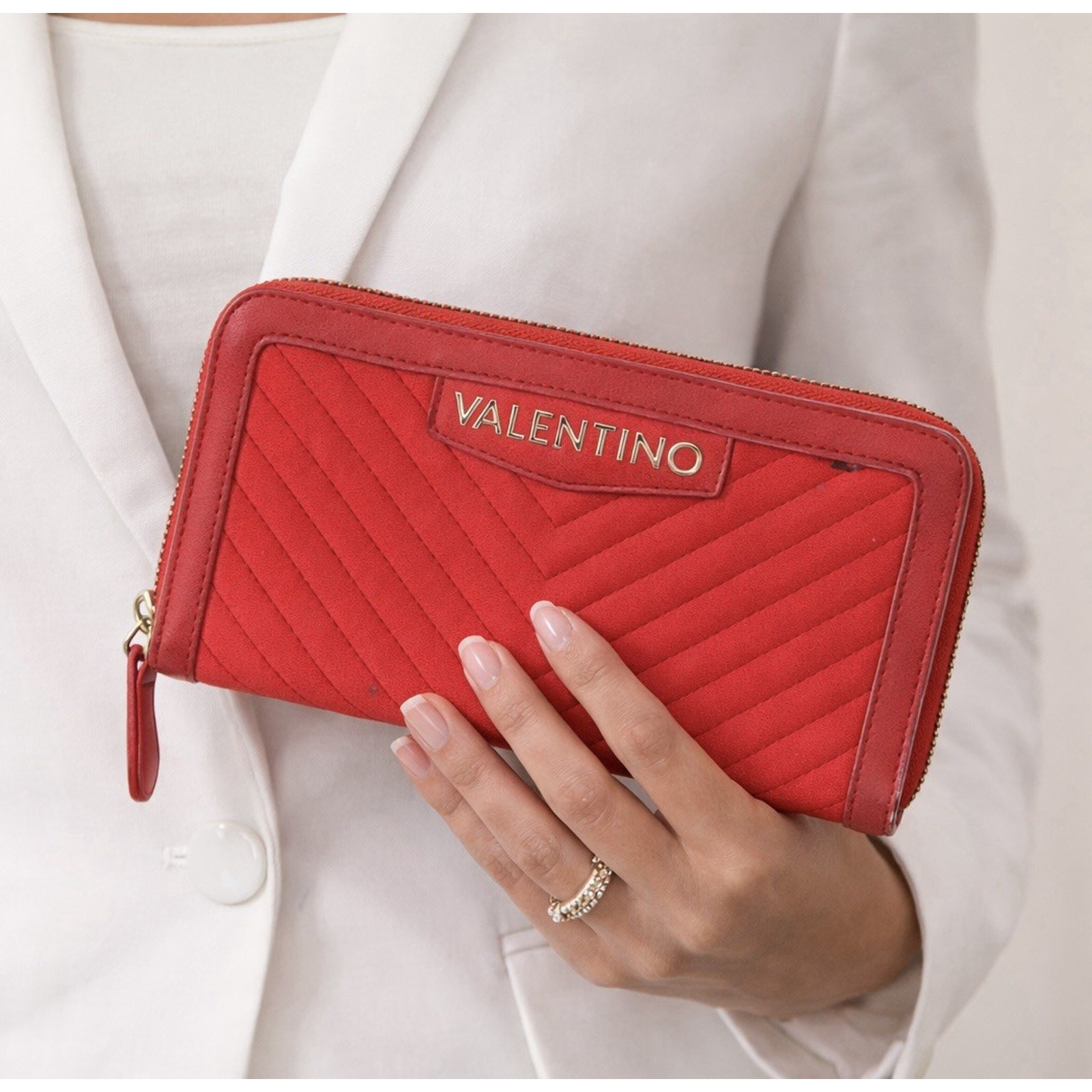 Valentino Red Zip Clutch Wallet Quilted Leather Large Wallet Women Designer Logo